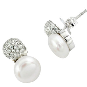 8.71 Cts Natural Freshwater Pearl, White Topaz Solid .925 Silver Stud Earrings - BELLADONNA
