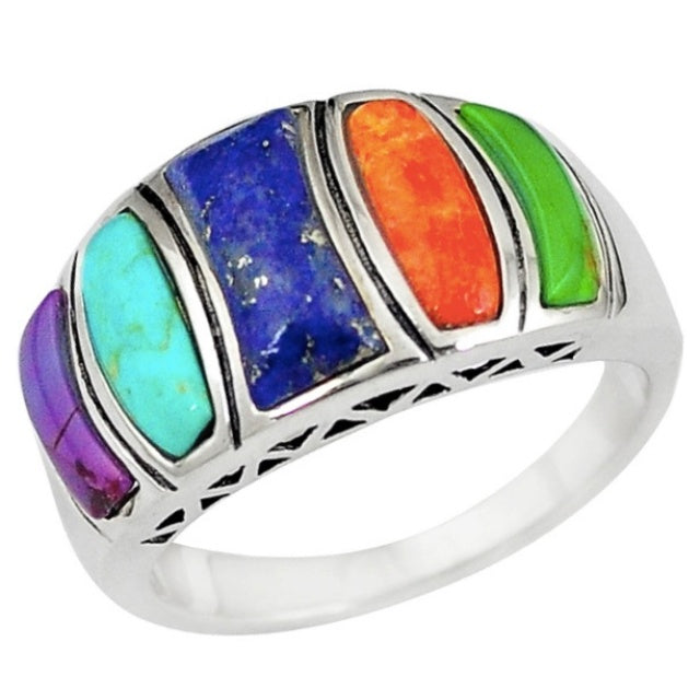 Natural South Western Arizona Turquoise and Lapis Lazuli Solid .925 Sterling Silver Ring size 8.5 - BELLADONNA