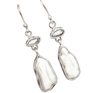 Natural Biwa Pearl, Herkimer Diamond Solid .925 Sterling Silver Earrings - BELLADONNA