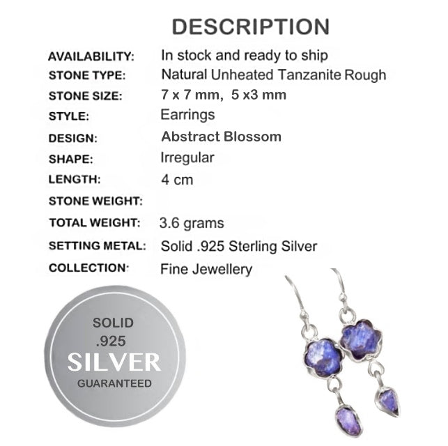 Natural Unheated Tanzanite Gemstone Solid .925 Silver Earrings - BELLADONNA