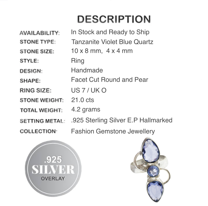 Tanzanite Violet Blue Quartz Gemstone Ring set in .925 Sterling Silver Size US 7 / UK O - BELLADONNA