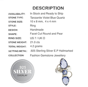 Tanzanite Violet Blue Quartz Gemstone Ring set in .925 Sterling Silver Size US 7 / UK O - BELLADONNA
