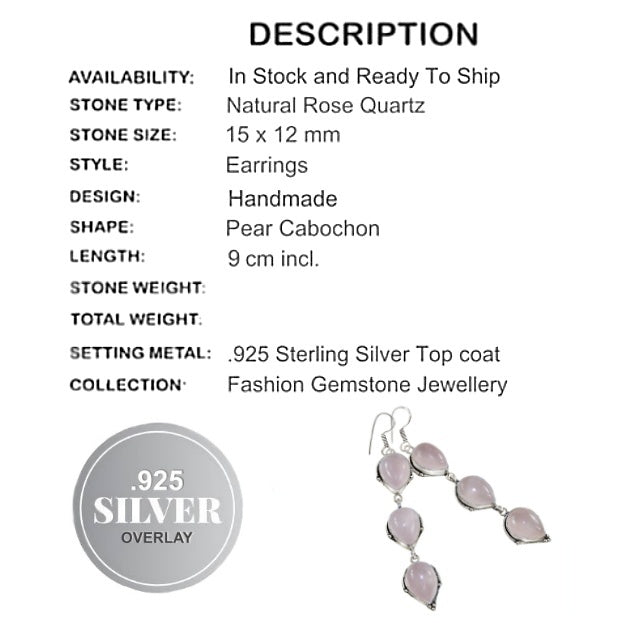 Natural Pink Rose Quartz Long Dangle Earrings .925 Silver - BELLADONNA