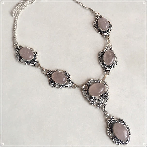Feminine Pink Rose Quartz Necklace .925 Sterling Silver - BELLADONNA