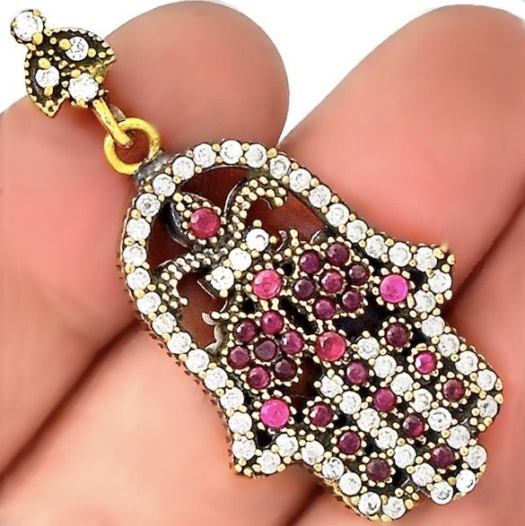 Two Tone Hamsa (Hand of God) Turkish Ruby and White Topaz Solid .925 Sterling Silver Pendant - BELLADONNA
