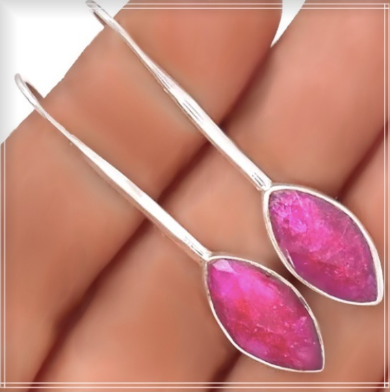 Natural Indian Ruby Gemstone Solid .925 Sterling Silver Long Earrings - BELLADONNA