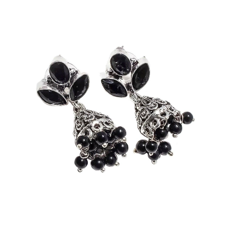 Handmade  (Jhumki) Gemstone Silver Stud Earrings - BELLADONNA