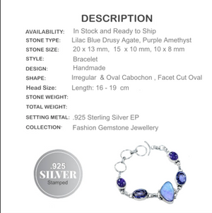 Handmade Lilac Blue Drusy Agate, Purple Amethyst Gemstone .925 Silver Bracelet - BELLADONNA