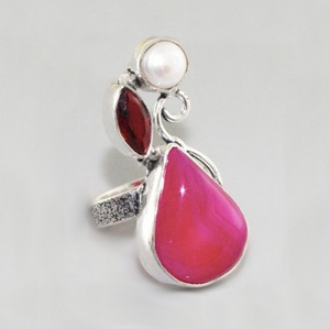 Natural Pink Botswana Lace Agate, Pearl, Gemstone .925 Silver Ring Size 5.5 - BELLADONNA