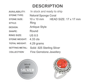 Gorgeous Natural Sponge Coral set in 100% Solid .925 Sterling Silver Ring size 8.5 - BELLADONNA