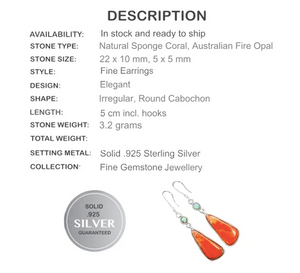 New Arrival Natural Sponge Coral, Fire Opal Solid .925 Sterling Silver Earrings - BELLADONNA