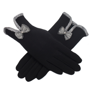 Womens Autumn Winter Velvet Cashmere Full Finger Warm Gloves with Bow Tie Detail - BELLADONNA