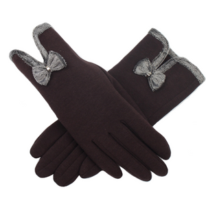 Womens Autumn Winter Velvet Cashmere Full Finger Warm Gloves with Bow Tie Detail - BELLADONNA