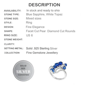 Blue Sapphire , White Topaz Solid.925 Sterling Silver Ring Sz 6 - BELLADONNA