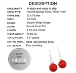 15.86 Cts Natural White Pearl, Faceted Red Sponge Coral Solid .925 Sterling Silver Earrings - BELLADONNA