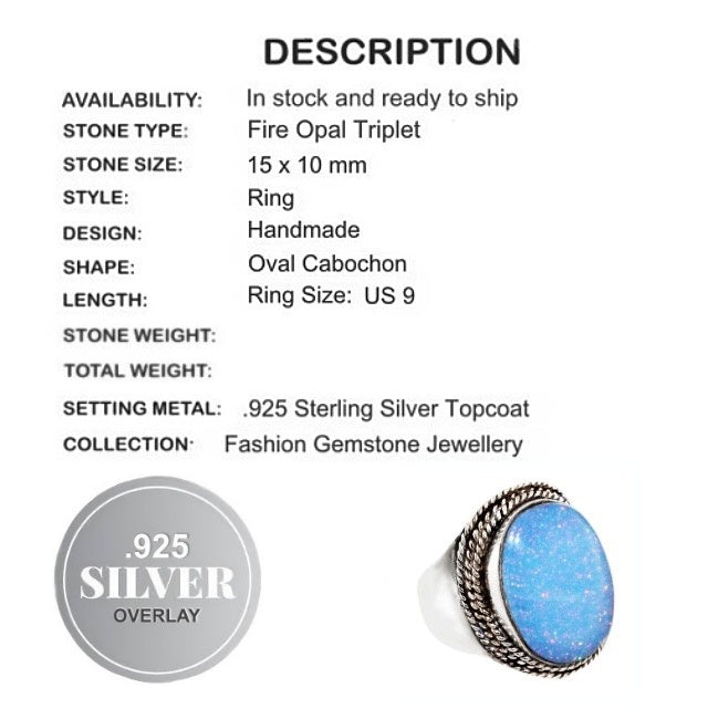 Fire Opal Triplet .925 Sterling Silver Ring US 9 - BELLADONNA