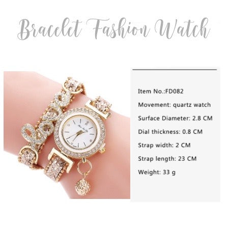 Womens Top Brand Bracelet Quartz Watch with Leather Strap and Crystal Charms - BELLADONNA