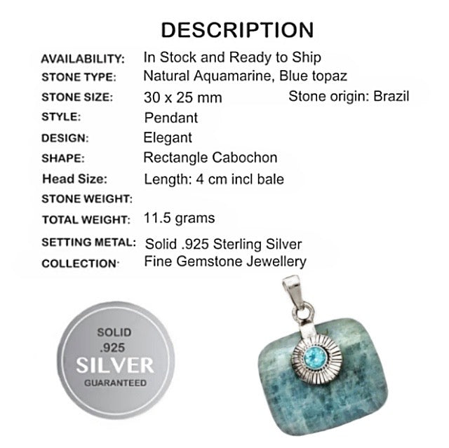 11.5 grams Natural Aquamarine , Blue Topaz Gemstone Solid .925 Sterling Silver Pendant - BELLADONNA