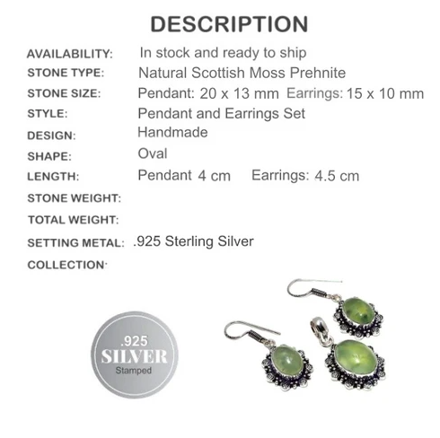 Soft Green Scottish Moss Prehnite Gemstone .925 Silver Pendant & Earrings Set - BELLADONNA