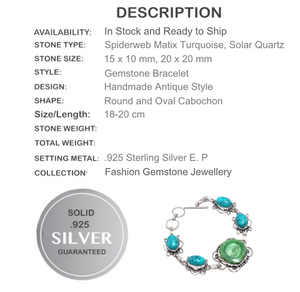 Santè Rosa Spider web Matrix Turquoise and Solar Quartz Gemstone 925 Silver Bracelet - BELLADONNA