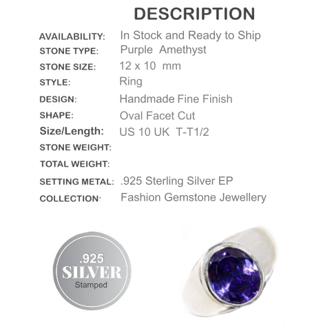 Purple Amethyst 925 Silver Ring Size US 10 / T1/2 - BELLADONNA