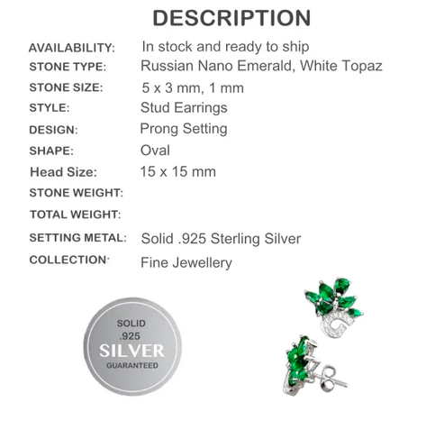 Russian Nano Emerald, White Topaz Earrings In Solid.925 Sterling Silver - BELLADONNA
