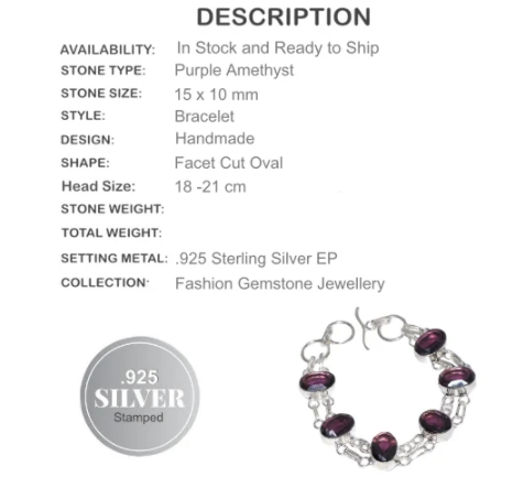 Purple Amethyst Gemstone 925 Silver Bracelet - BELLADONNA