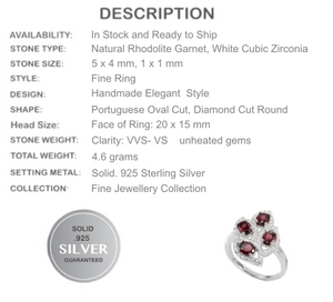 Top Unheated Natural Rhodolite Garnet, Cubic Zirconia Solid .925 Sterling Silver Ring US 7.25 - BELLADONNA