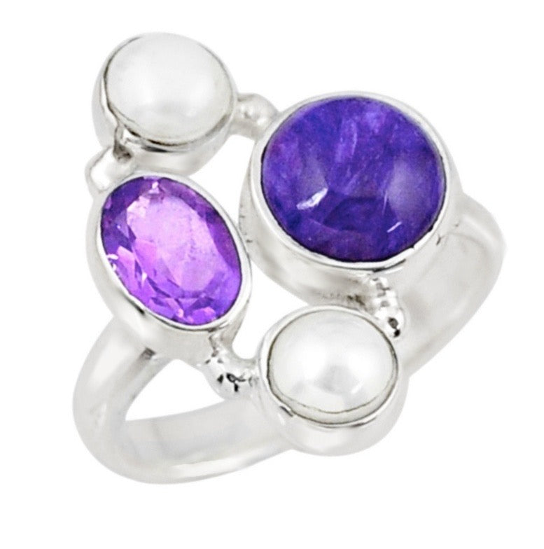 Natural Siberian Charoite Purple Amethyst Pearl Solid .925 Silver Ring Size 7 or P - BELLADONNA