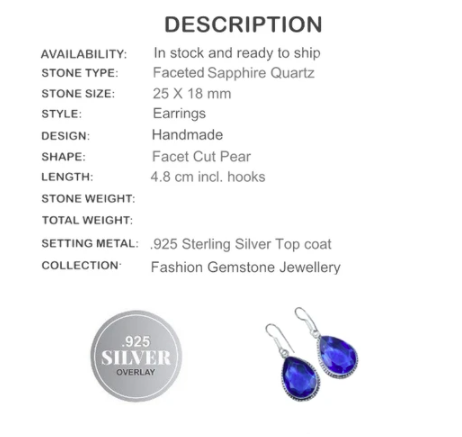 Handmade Blue Sapphire Quartz Pears.925 Silver Earrings - BELLADONNA
