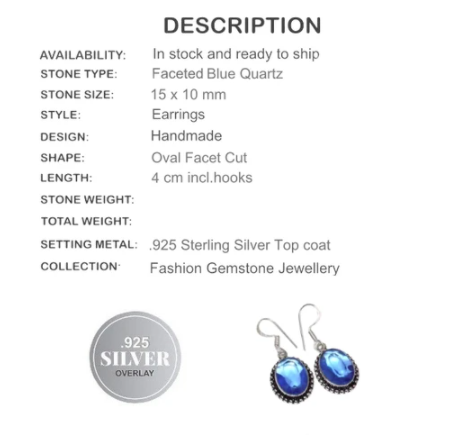 Handmade Faceted Blue Quartz Oval .925 Silver Earrings - BELLADONNA