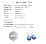 Handmade Faceted Blue Quartz Oval .925 Silver Earrings - BELLADONNA