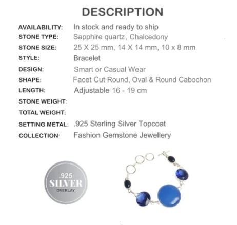 Sapphire Blue Quartz, Chalcedony Gemstone .925 Silver Bracelet - BELLADONNA