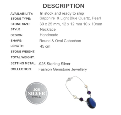 Sapphire Blue Quartz, Chalcedony, Pearl Gemstone .925 Silver Necklace - BELLADONNA