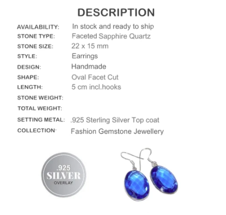 Handmade Faceted Ovals Blue Quartz .925 Silver Earrings - BELLADONNA