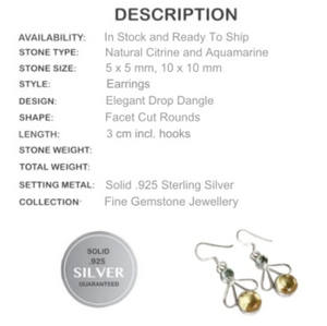 Natural Aquamarine And Lemon Topaz . 925 Sterling Silver Earrings - BELLADONNA