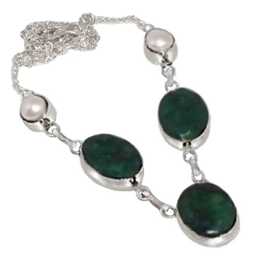 Natural Indian Emerald and Pearl Gemstone 925 Silver Necklace - BELLADONNA