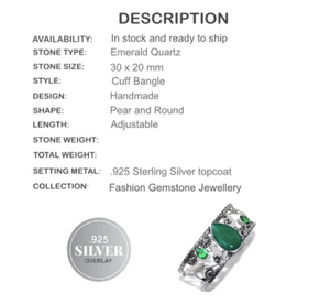 Faceted Emerald Green Quartz Pear Gemstone .925 Silver Cuff Bangle - BELLADONNA