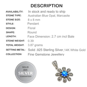 Petite Floral Blue Fire Opal Marcasite Solid.925 Sterling Silver Pendant - BELLADONNA