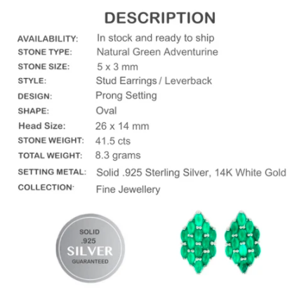 Natural Green Aventurine Gemstone Earrings In Solid.925 Silver and 14K White Gold - BELLADONNA