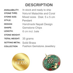 NepalI Natural Malachite, Coral Gemstone Solid Brass Pendant - BELLADONNA
