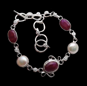 Natural Indian Cherry Ruby, White Pearl .925 Sterling Silver Bracelet - BELLADONNA