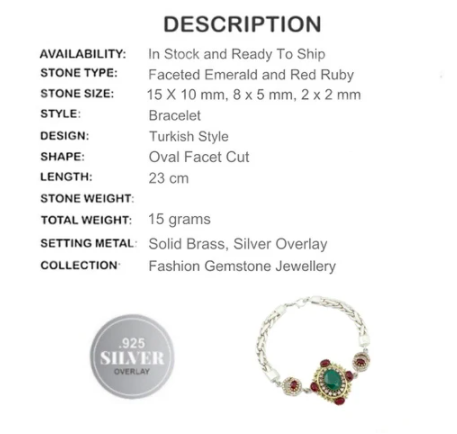 Turkish Faceted Emerald, Ruby Gemstone .925 Sterling Silver, Solid Brass Bracelet - BELLADONNA