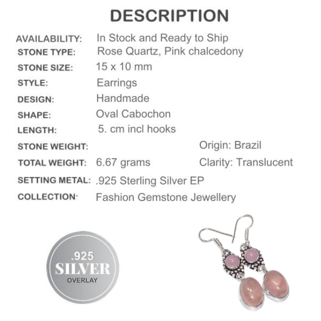 Natural Pink Rose Quartz, Pink Chalcedony Earrings .925 Silver - BELLADONNA