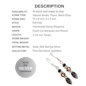 Natural Onyx, Smoky Topaz Solid .925 Sterling Silver Earrings - BELLADONNA