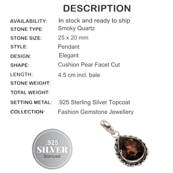 Handmade Smoky Quartz  Pear Gemstone.925 Silver Pendant - BELLADONNA