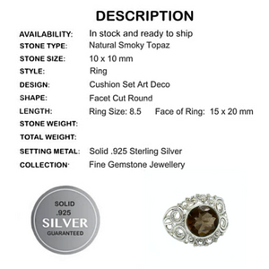 Indonesian Bali - Java Natural Smoky Topaz 100% .925 Solid Sterling Silver Ring Size 8.5 - BELLADONNA
