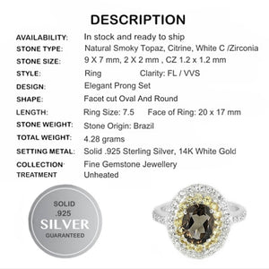 Natural AAA Smoky Quartz, Citrine, White Cz Solid .925 Sterling Silver Ring 7.5 - BELLADONNA