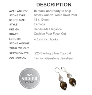 Smoky Topaz Pears, Pearl Gemstone .925 Silver Earrings - BELLADONNA