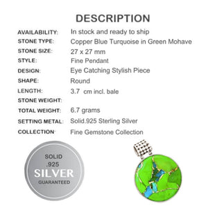 Natural Blue Copper Turquoise in Green Mohave Turquoise In Solid 925 Sterling Silver Pendant - BELLADONNA